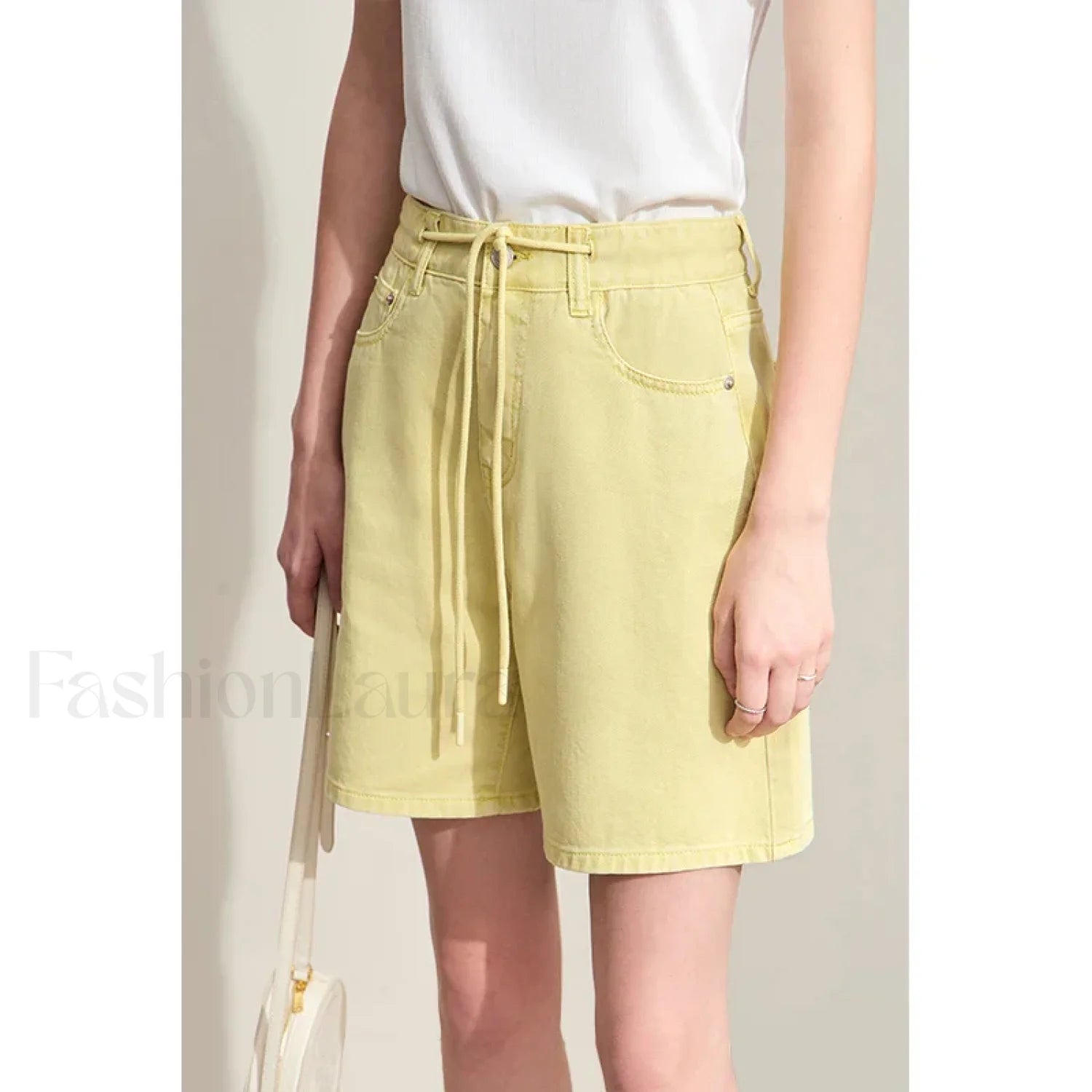 Minimalism Women Denim Casual Loose Retro Straight Short lemon yellow / S