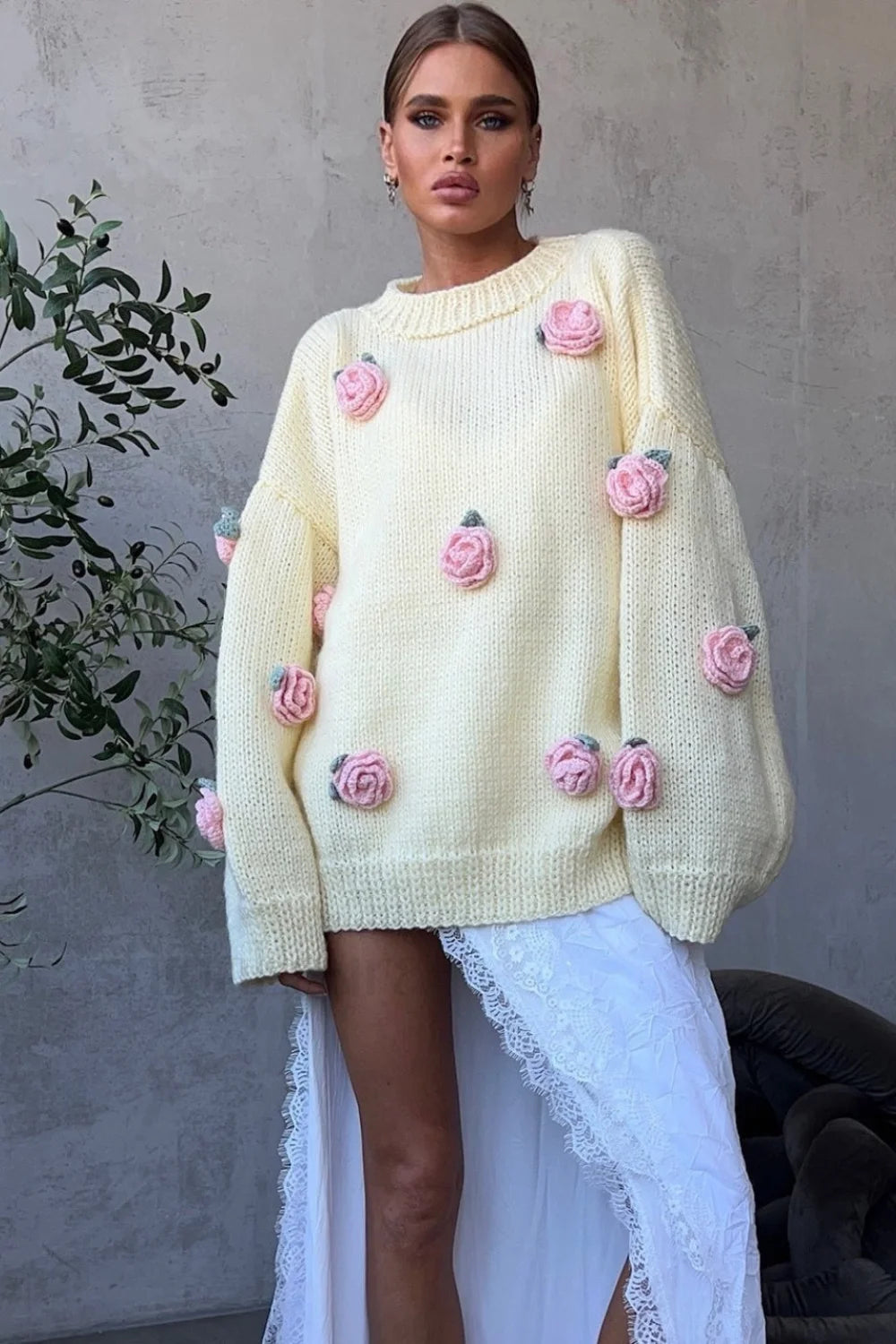 Minimalist 3D Floral Knit Sweater