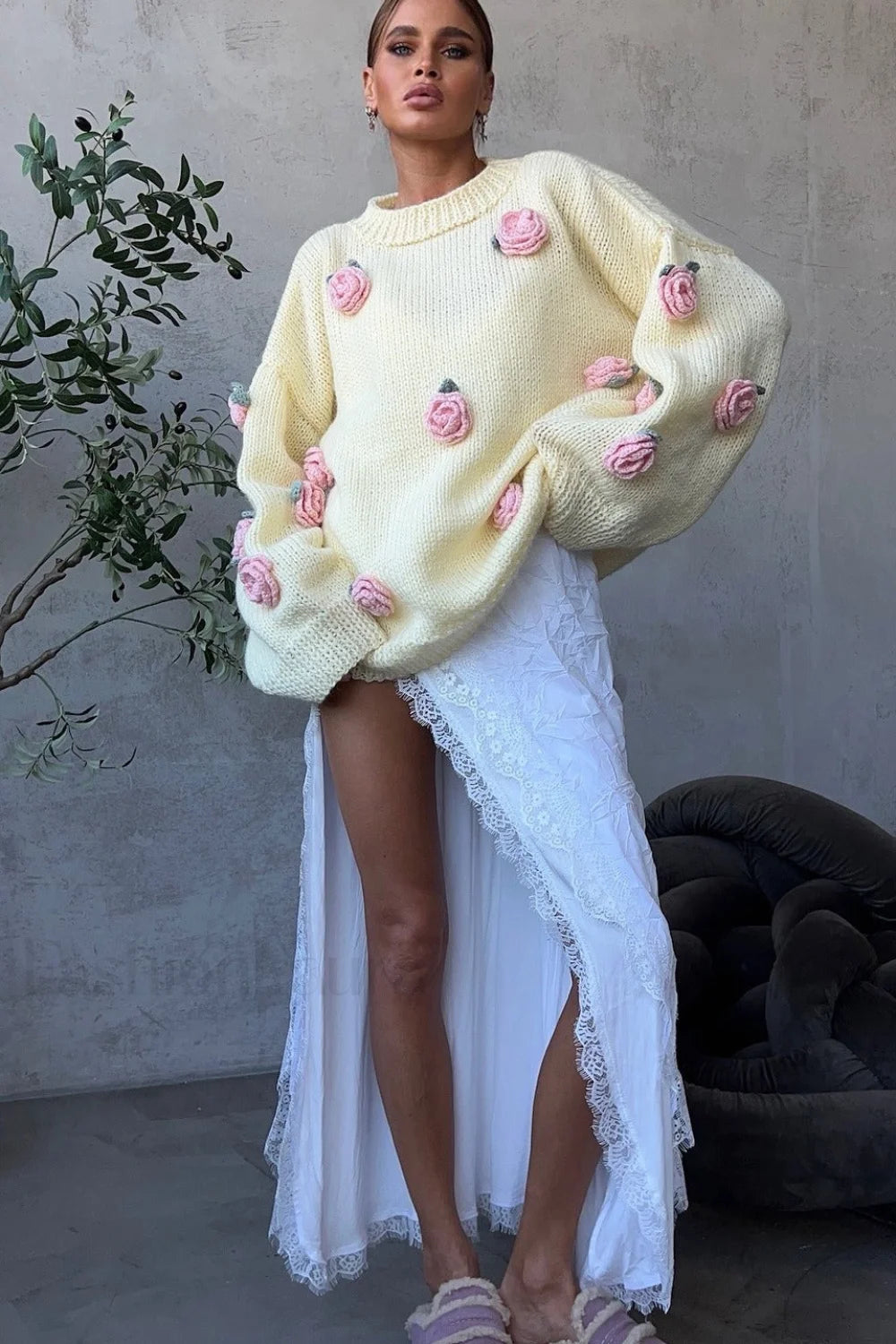 Minimalist 3D Floral Knit Sweater