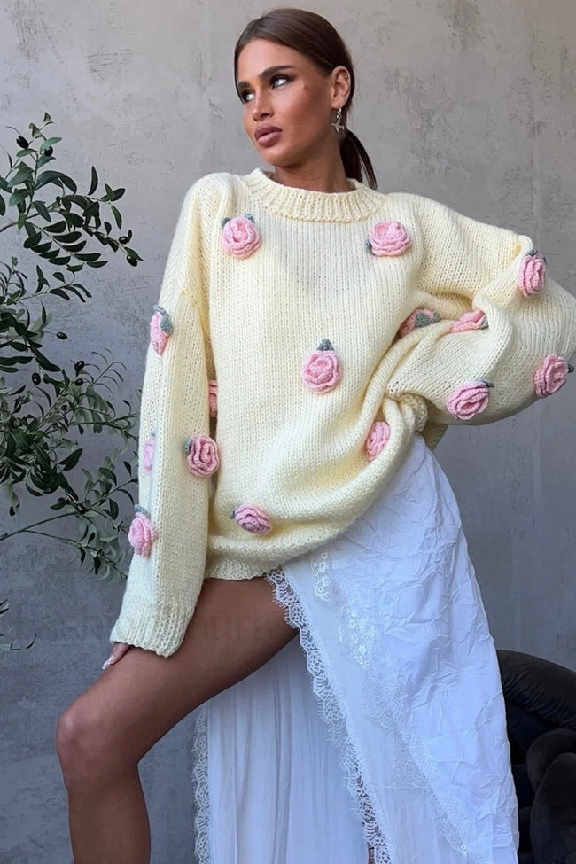 Minimalist 3D Floral Knit Sweater Yellow / S Main image