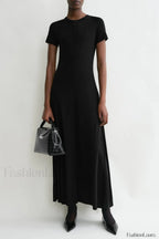 Minimalist A Line Round Neck Short Sleeve Work Dress 黑色 / XS
