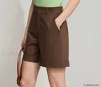 Minimalist Summer Casual Loose Cotton Linen Cuffed Short Coffee / S