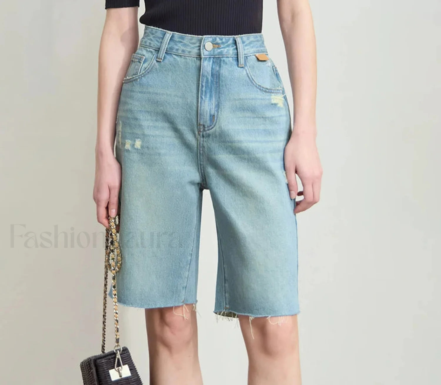 Minimalist Summer Denim Frayed Edge High Waist Loose Short Light Blue / S Main image
