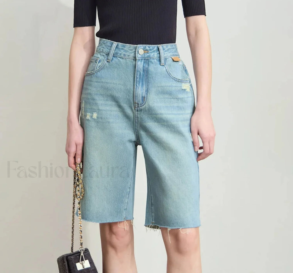 Minimalist Summer Denim High Waist Loose Cotton Short Light Blue / S