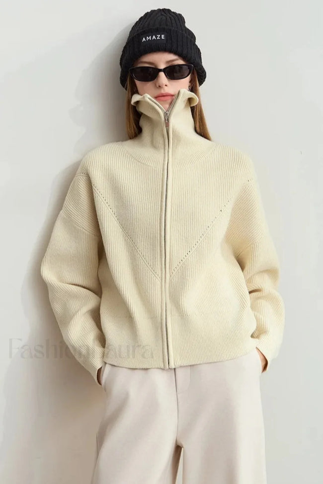 Minimalist Zipper Wool Ribbed Cardigan Beige / S Main image