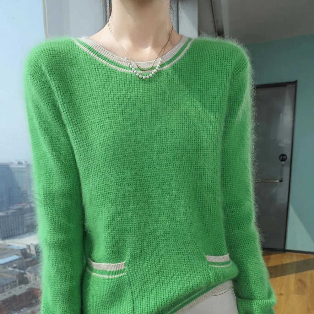 Mink Cashmere Autumn Winter New Women’s Round Neck Pullover Fashion Solid Color Warm Sweater GREEN / S Sweaters L