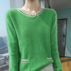 Mink Cashmere Autumn Winter New Women’s Round Neck Pullover Fashion Solid Color Warm Sweater GREEN / S Sweaters L