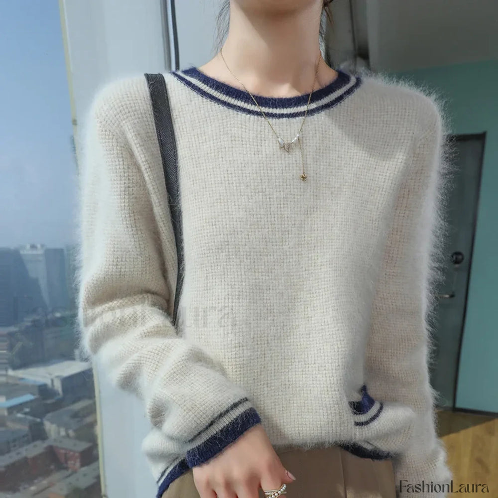Mink Cashmere Autumn Winter New Women’s Round Neck Pullover Fashion Solid Color Warm Sweater Sweaters L