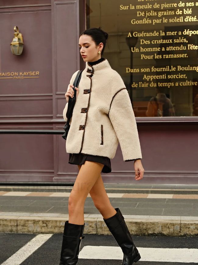 Minky Contrast Piping Fleece Jacket Beige / XS Fleece Jackets Main image