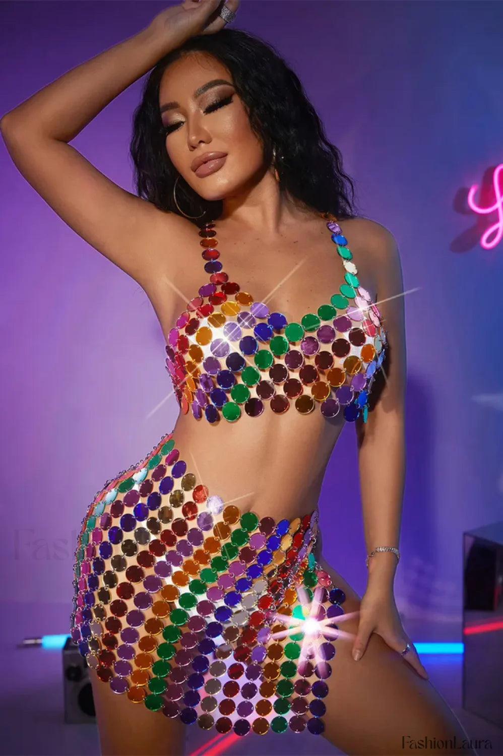 Mirror Disks Chain Charming Top +Skirt Set Free Size / Multi Color