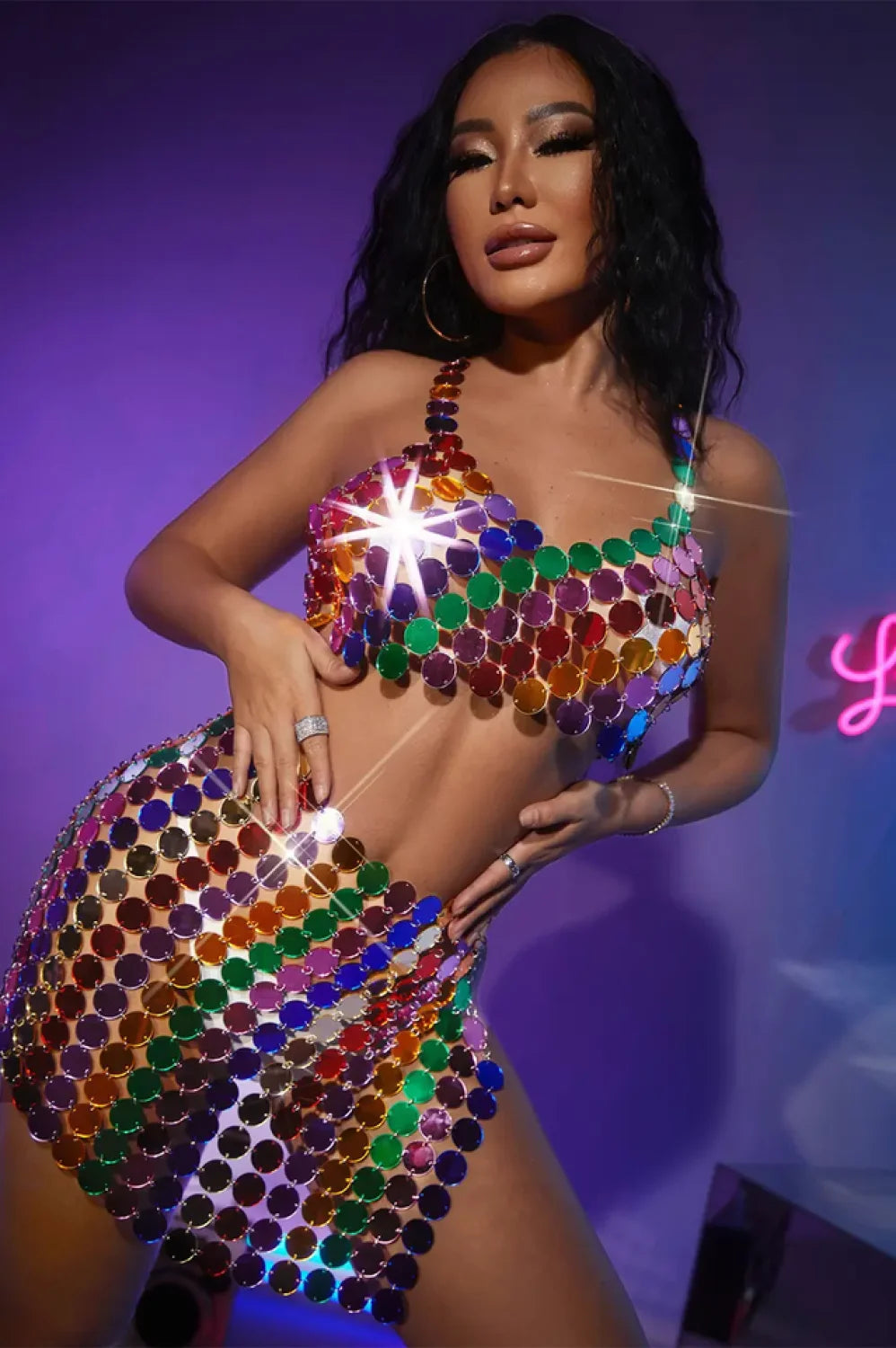 Mirror Disks Chain Charming Top +Skirt Set Free Size / Multi Color