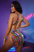 Mirror Disks Chain Charming Top +Skirt Set Free Size / Multi Color