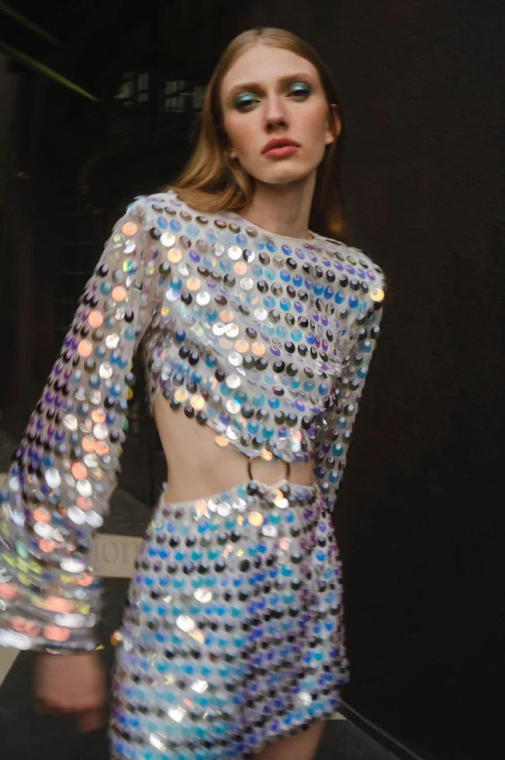 Mirror Embellished Elegant Cutout Dress