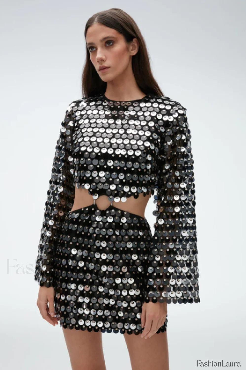 Mirror Embellished Elegant Cutout Dress S / Black