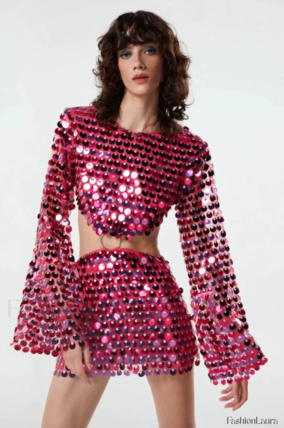 Mirror Embellished Elegant Cutout Dress S / Rosy