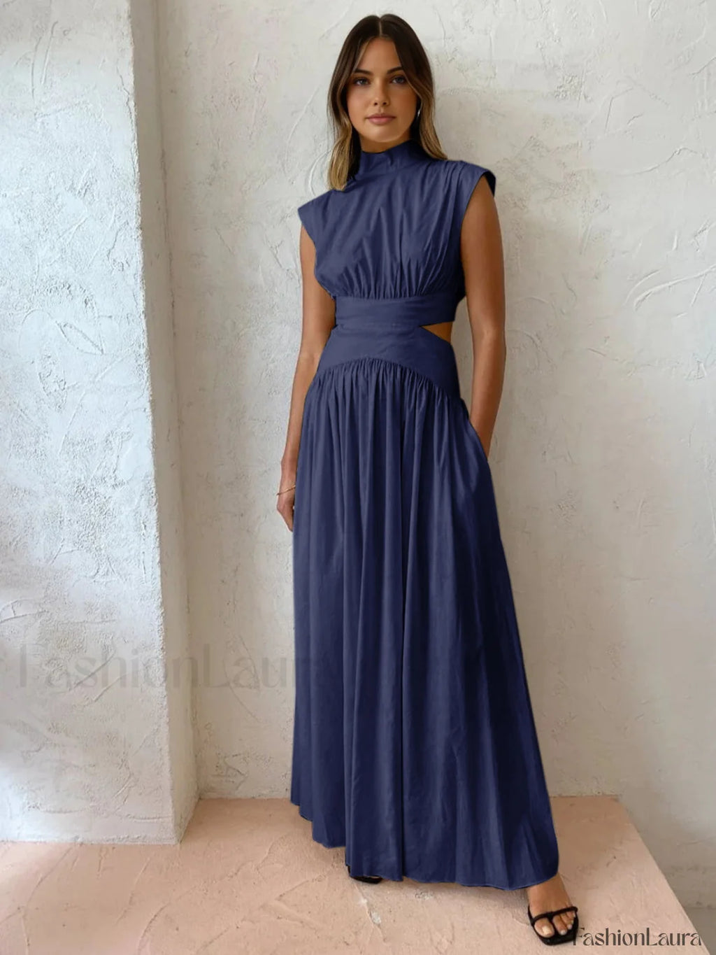 Mock Neck Cut Trendy Out Long Dress Navy / XS Dresses
