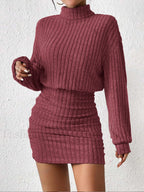 Mock Neck Ribbed Short Dress Burgundy / XS Dresses