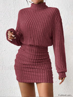 Mock Neck Ribbed Short Dress Burgundy / XS Dresses