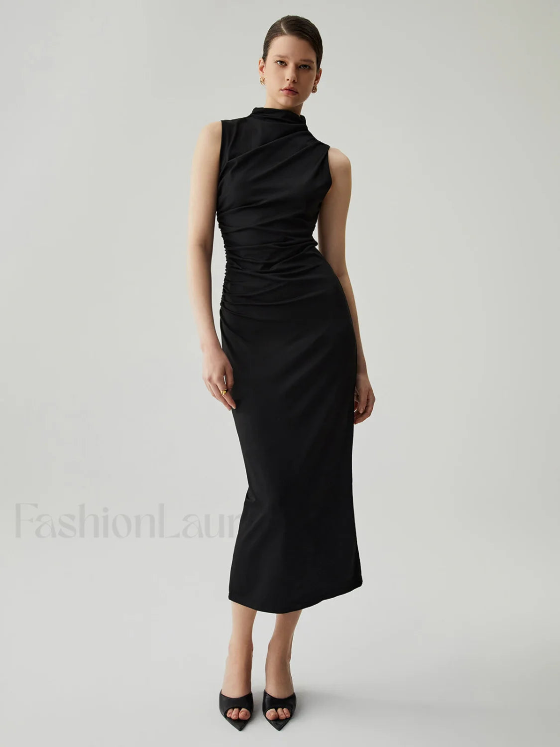 Mock Neck Sleeveless Trendy Split Ruched Long Dress Black / XS Dresses Main image