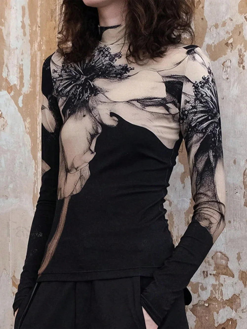 Mock Neck Tye Dye Printed Shirt Black / XS T Shirts