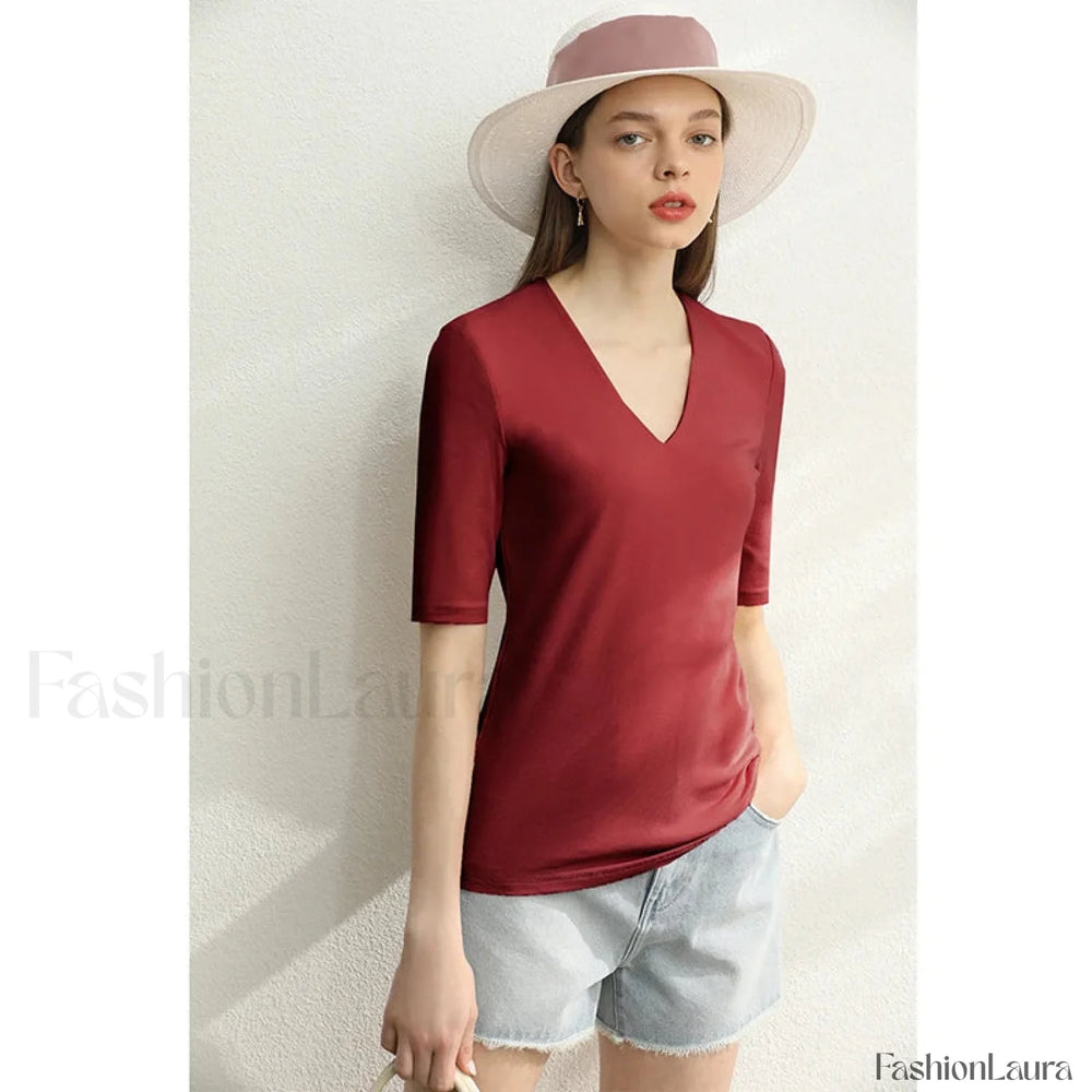 Modal Slim V Neck T Shirt wine red / S
