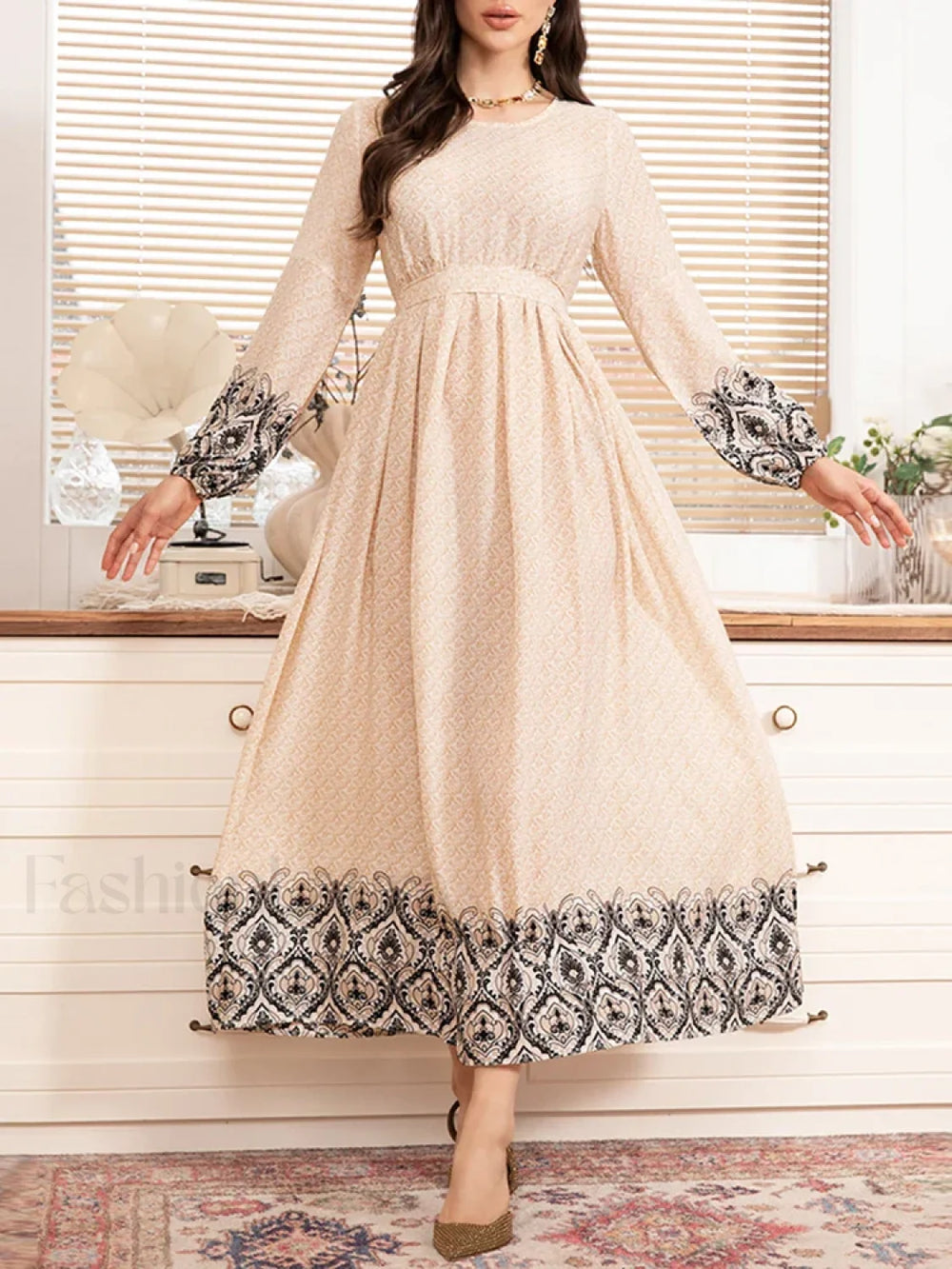 Modest Round Neck Midi Boho Dress Apricot / M