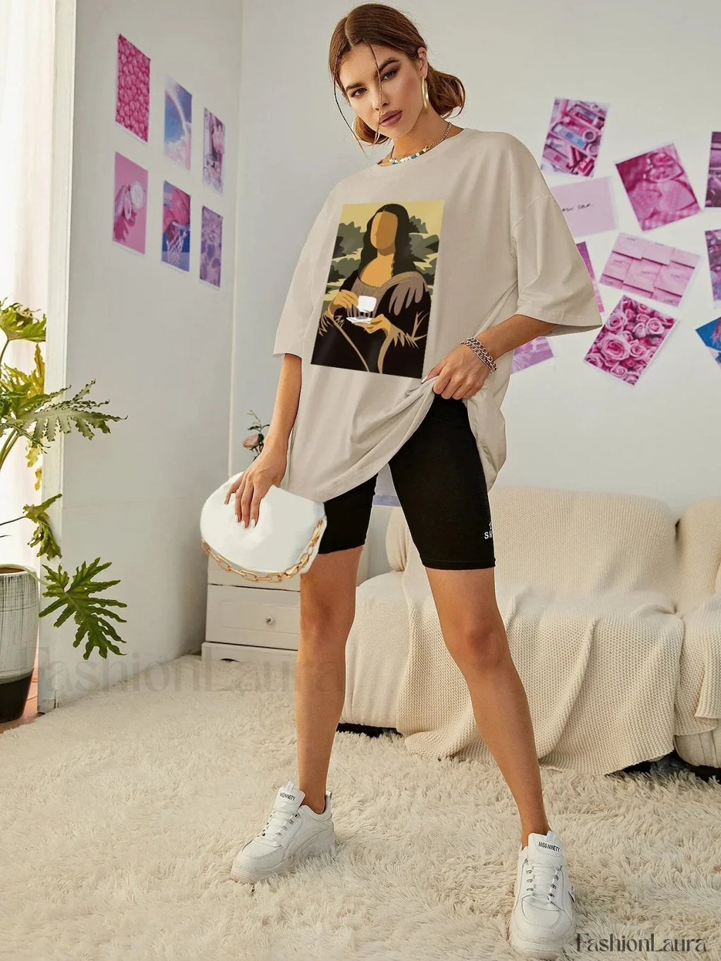 Mona Lisa Drinking Coffee Casual Hip Hop T Shirt