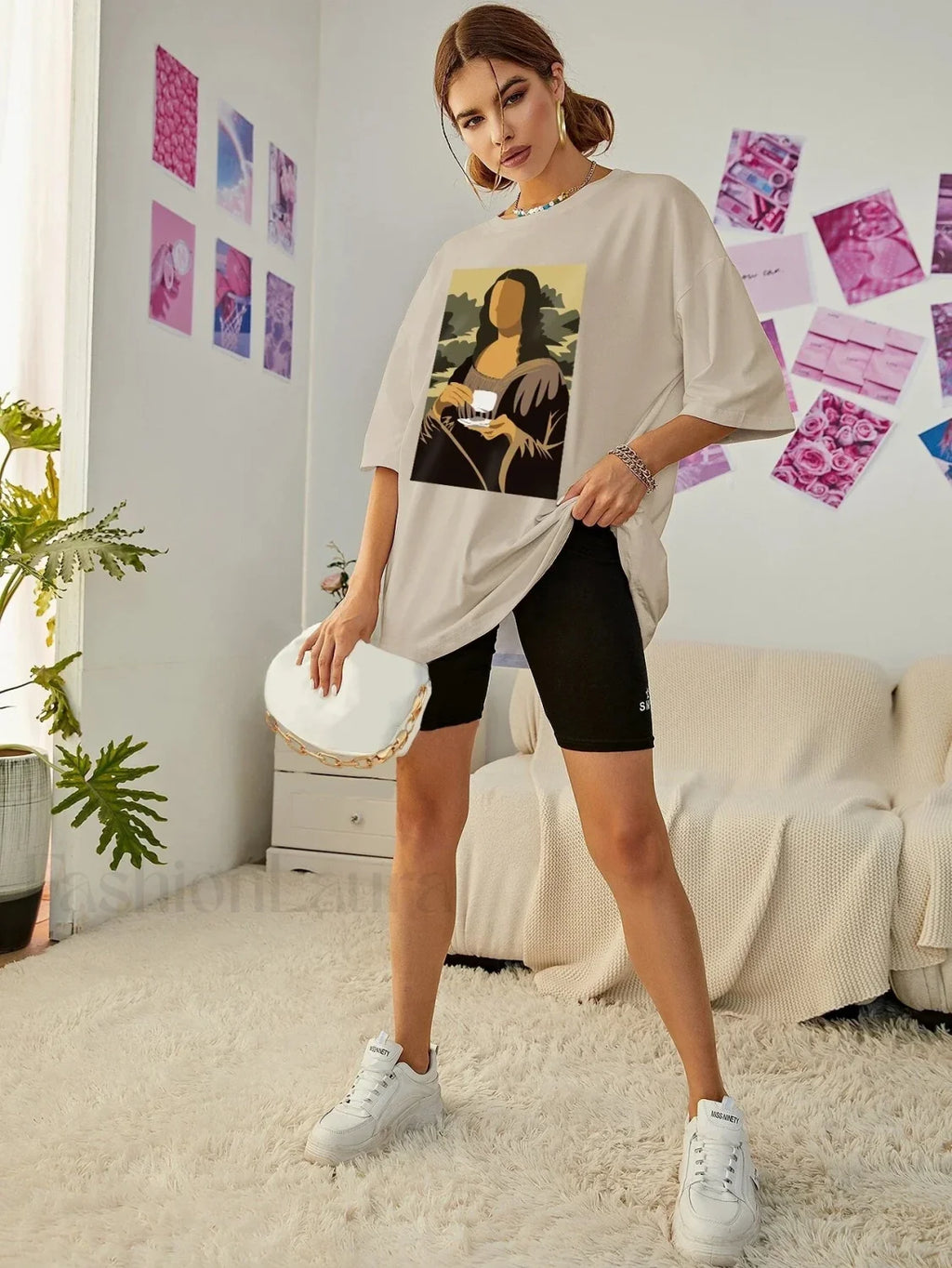 Mona Lisa Drinking Coffee Casual Hip Hop T Shirt