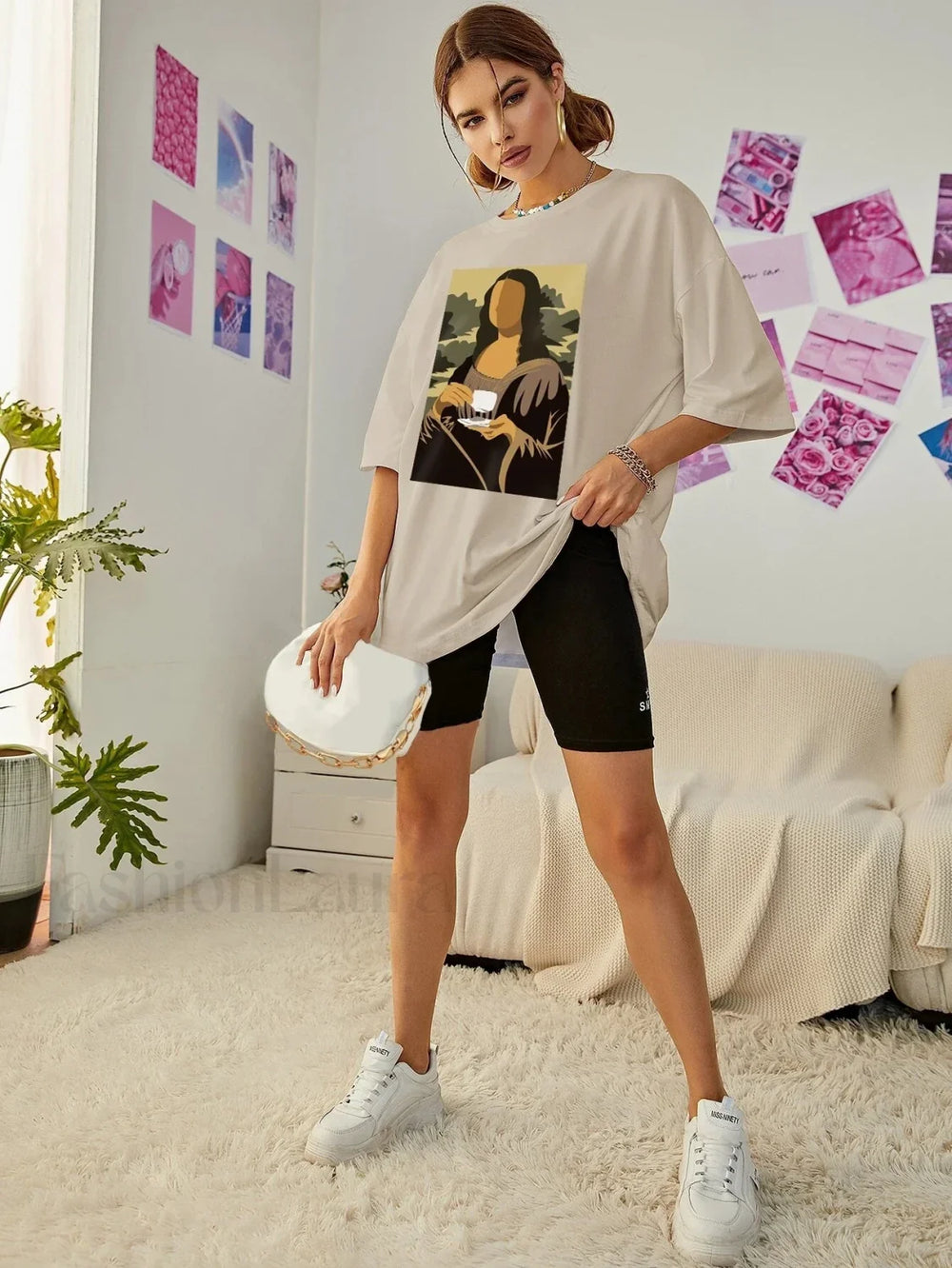 Mona Lisa Drinking Coffee Casual Hip Hop T Shirt