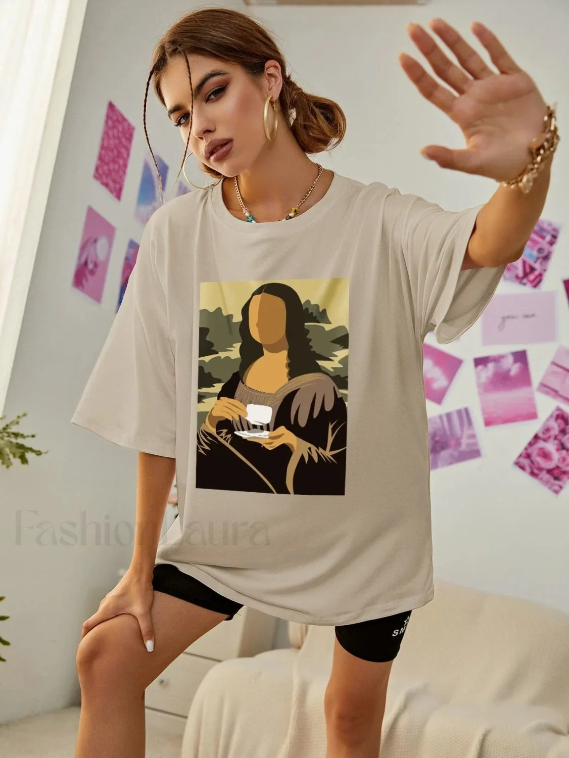 Mona Lisa Drinking Coffee Casual Hip Hop T Shirt Khaki / S Main image