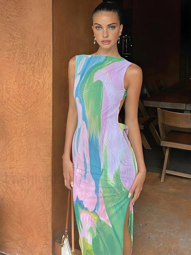Monet Garden Print Sleeveless Long Dress Multicolor / XS Dresses Main image