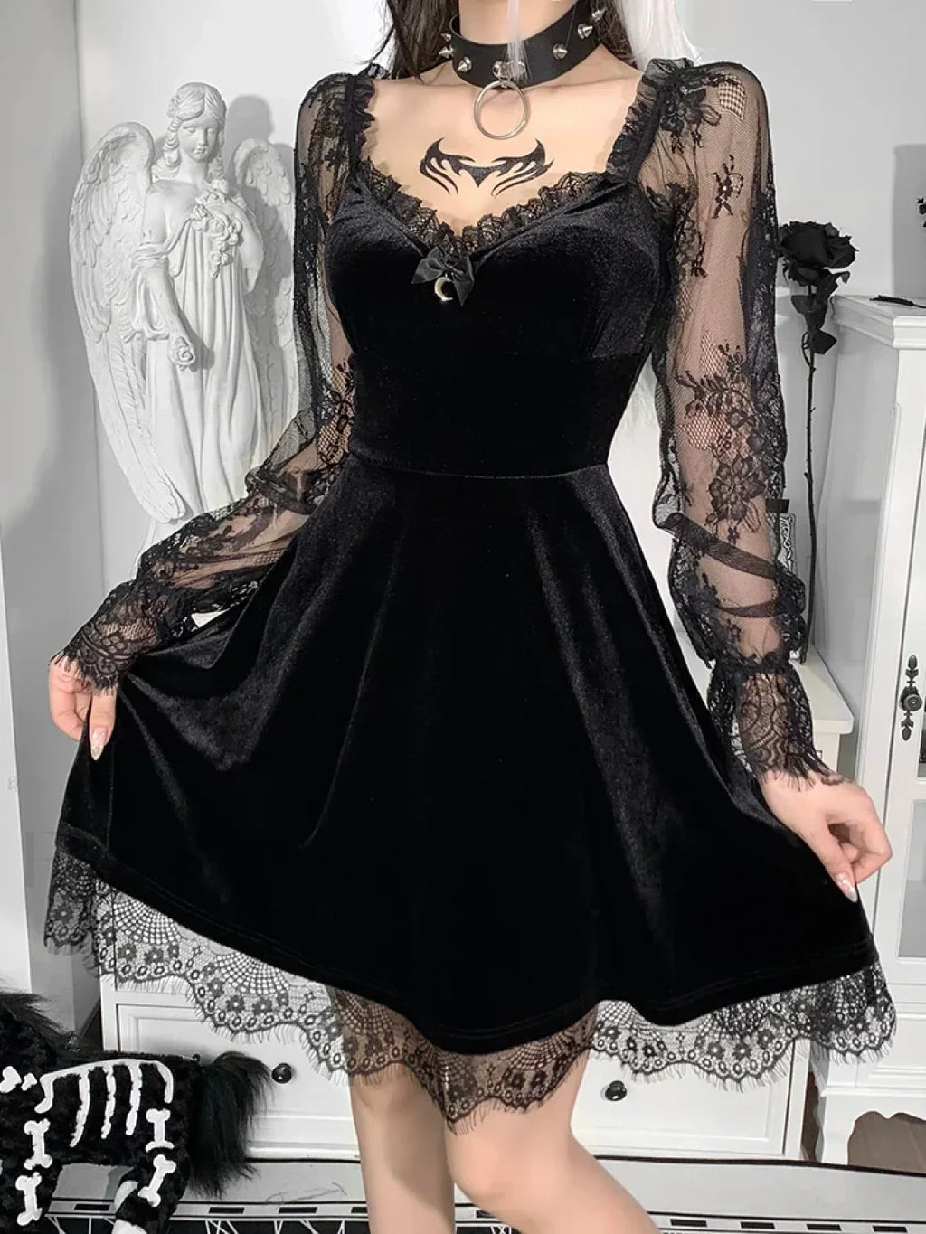 Moon Sexy Black Grunge Dark Neck Aesthetic Vintage Mini Long Sleeve Autumn Dress