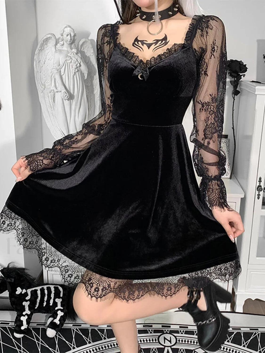 Moon Sexy Black Grunge Dark Neck Aesthetic Vintage Mini Long Sleeve Autumn Dress Secondary image