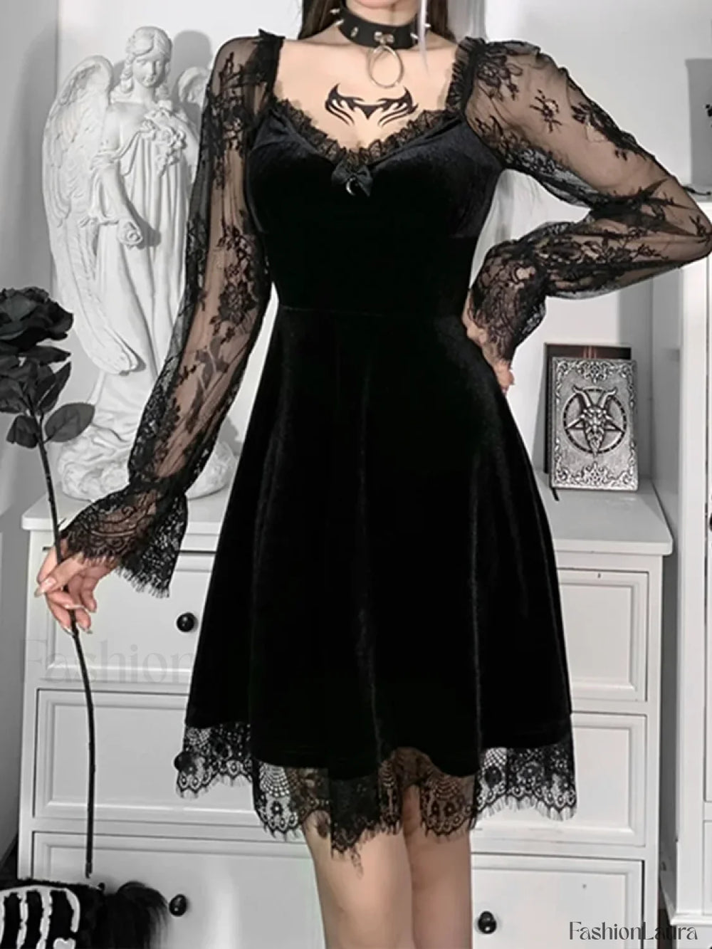 Moon Sexy Black Grunge Dark Neck Aesthetic Vintage Mini Long Sleeve Autumn Dress