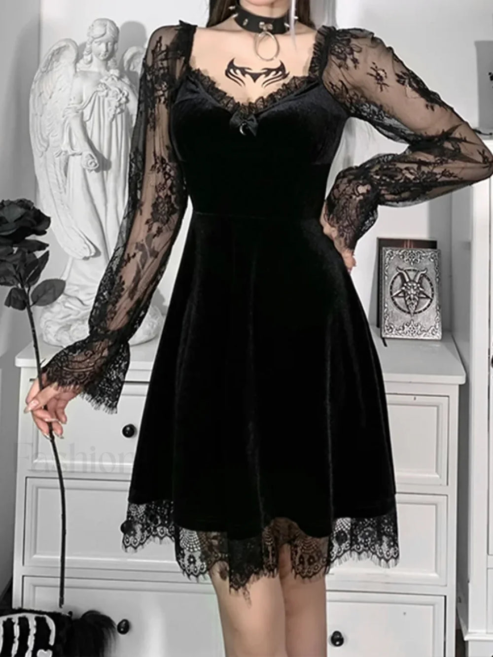 Moon Sexy Black Grunge Dark Neck Aesthetic Vintage Mini Long Sleeve Autumn Dress