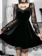 Moon Sexy Black Grunge Dark Neck Aesthetic Vintage Mini Long Sleeve Autumn Dress Black / S