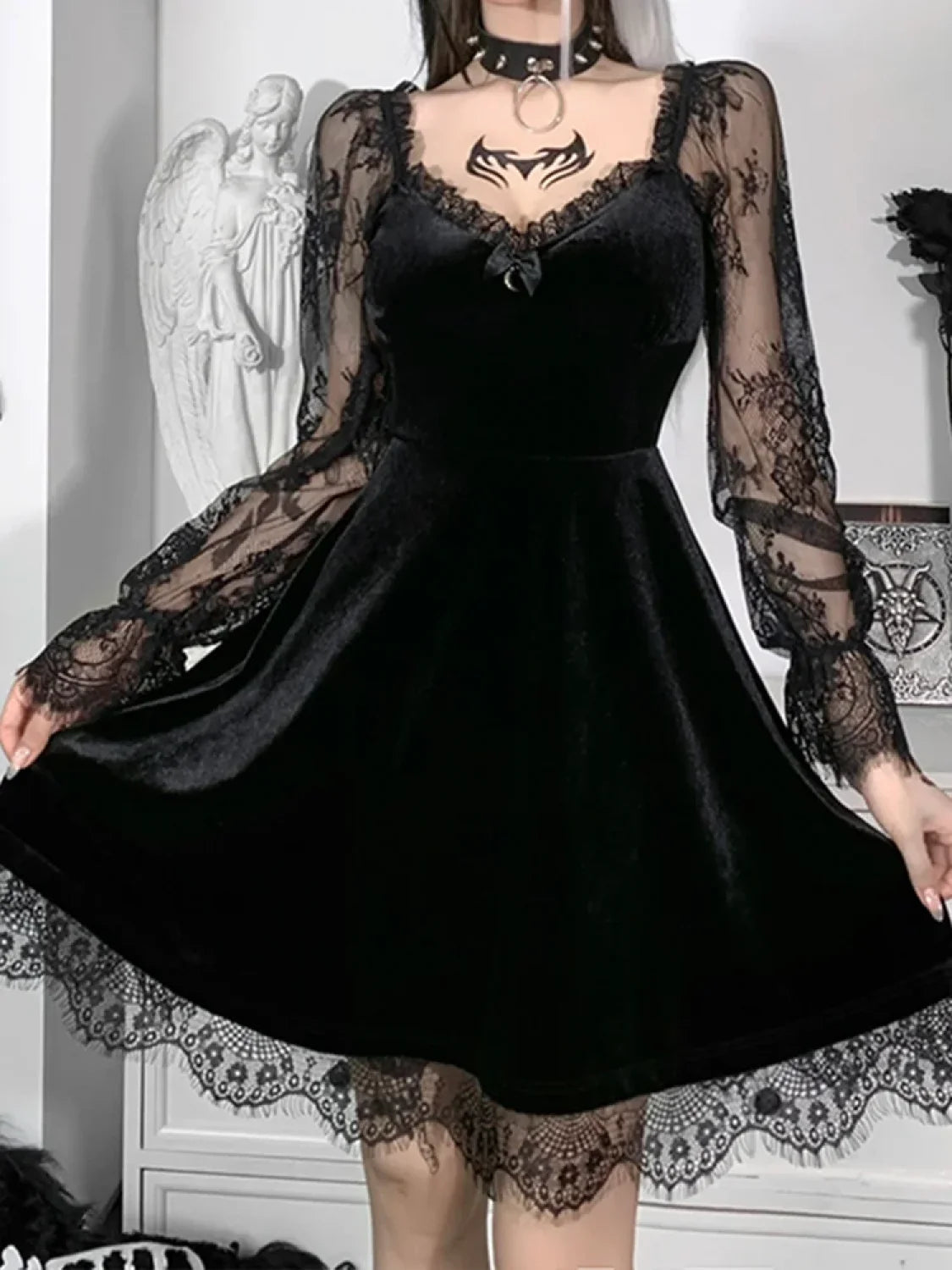 Moon Sexy Black Grunge Dark Neck Aesthetic Vintage Mini Long Sleeve Autumn Dress Black / S Main image