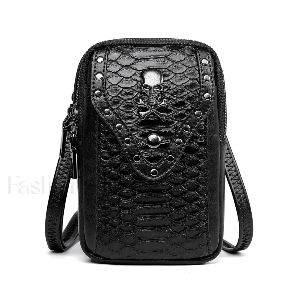 Motorcycle Skull Snake Pattern Ladies Punk Outdoor Travel Lipstick Mobile Phone Bag Black