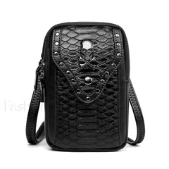 Motorcycle Skull Snake Pattern Ladies Punk Outdoor Travel Lipstick Mobile Phone Bag Black
