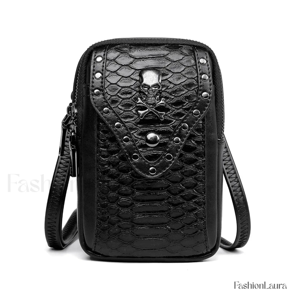 Motorcycle Skull Snake Pattern Ladies Punk Outdoor Travel Lipstick Mobile Phone Bag Black