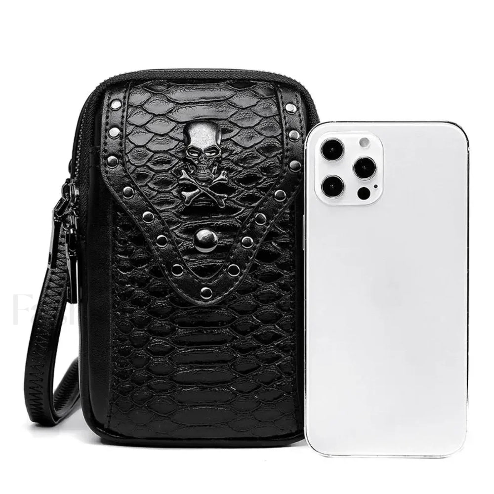 Motorcycle Skull Snake Pattern Ladies Punk Outdoor Travel Lipstick Mobile Phone Bag Black