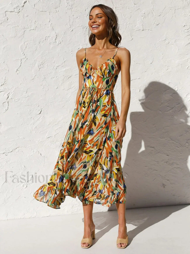 Multi Color Print Cami Midi Dress Orange / XS Dresses Main image