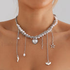 Multi layer Tassel Pearl Star Pendant Necklace STEEL