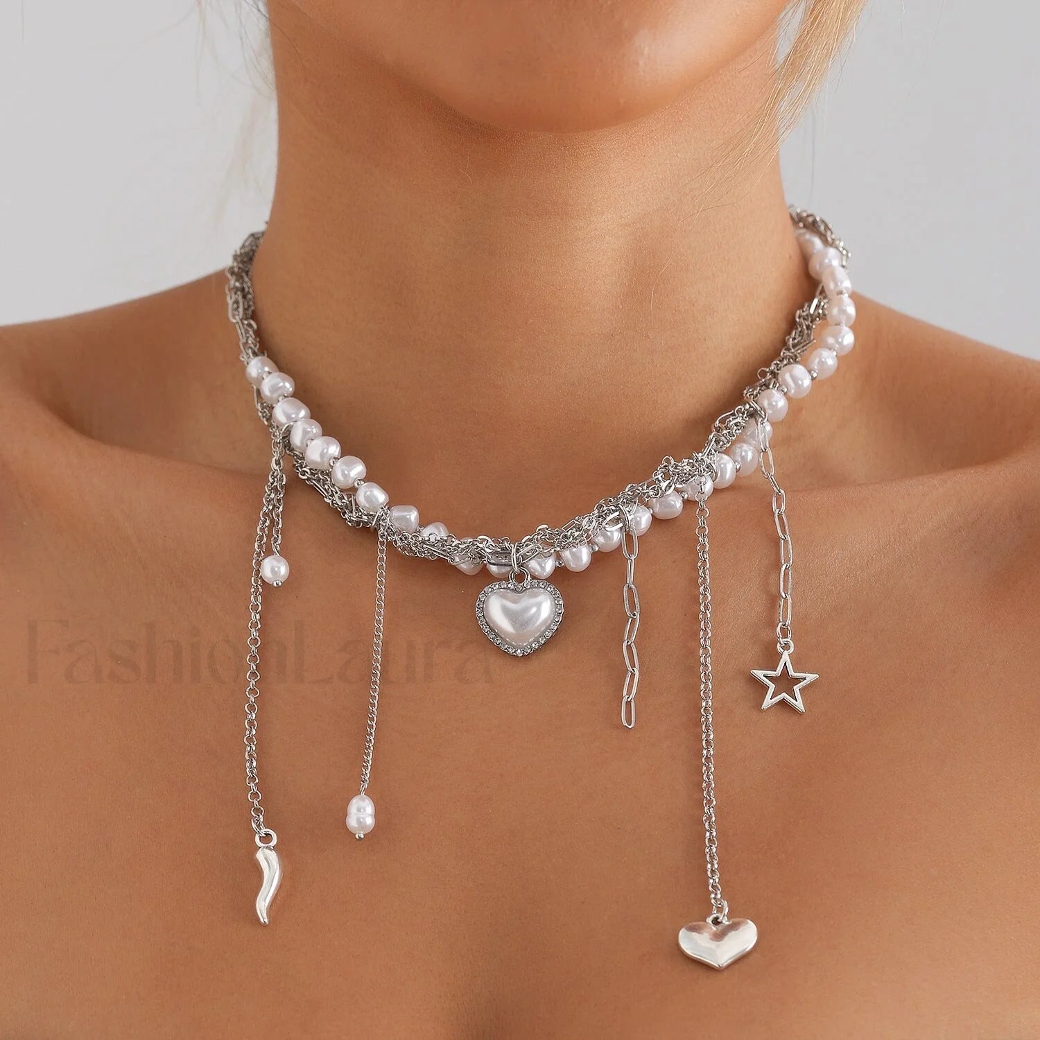 Multi layer Tassel Pearl Star Pendant Necklace STEEL