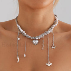Multi layer Tassel Pearl Star Pendant Necklace STEEL
