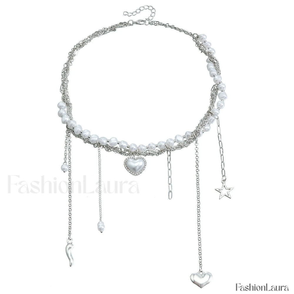 Multi layer Tassel Pearl Star Pendant Necklace STEEL