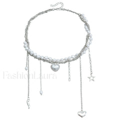 Multi layer Tassel Pearl Star Pendant Necklace STEEL