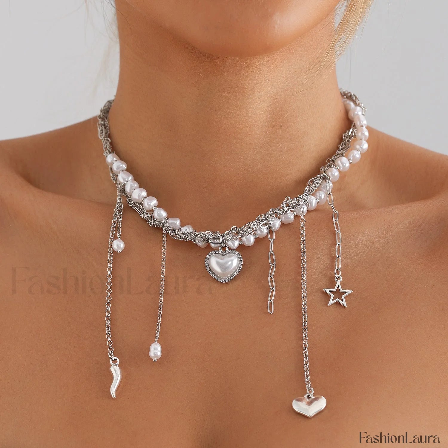 Multi layer Tassel Pearl Star Pendant Necklace STEEL