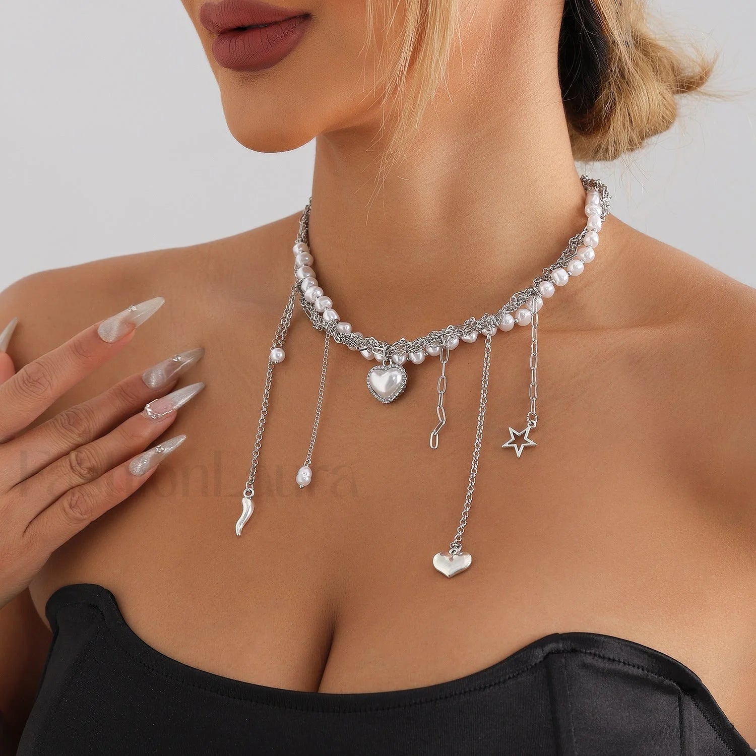 Multi layer Tassel Pearl Star Pendant Necklace STEEL