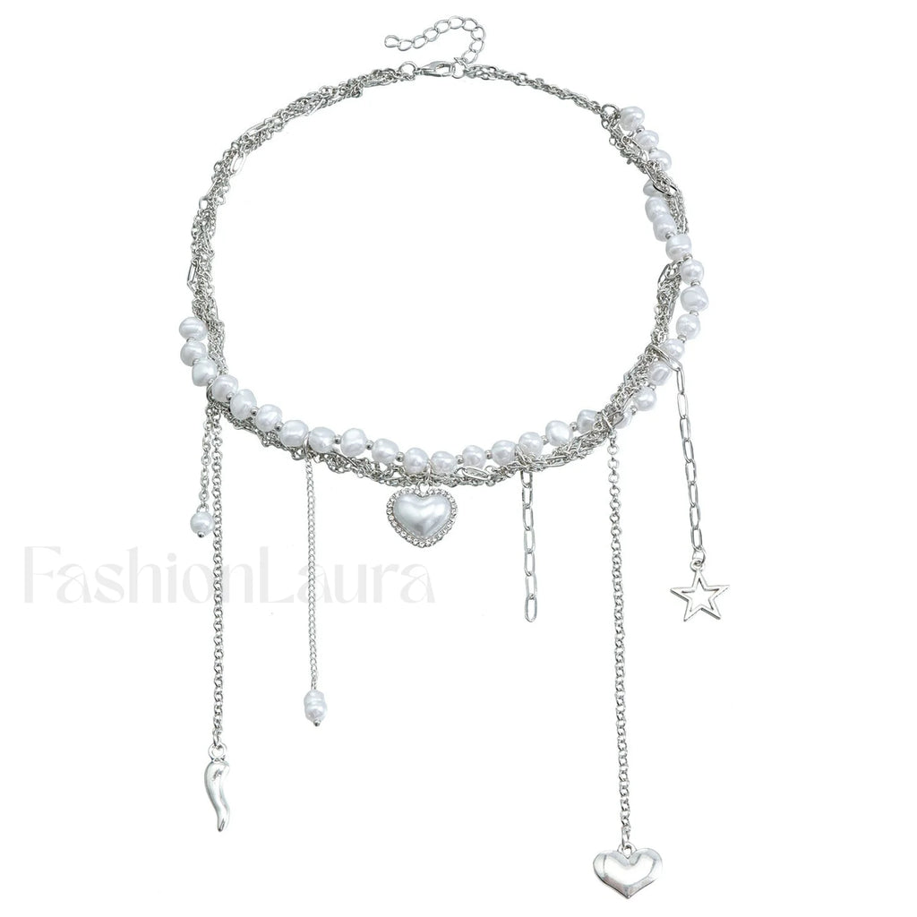 Multi layer Tassel Pearl Star Pendant Necklace STEEL